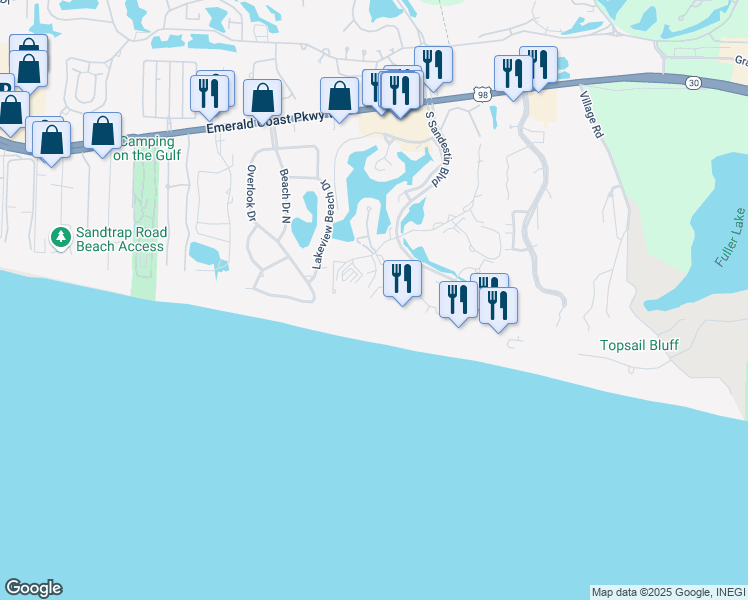 map of restaurants, bars, coffee shops, grocery stores, and more near 4542 Southwinds Drive in Destin