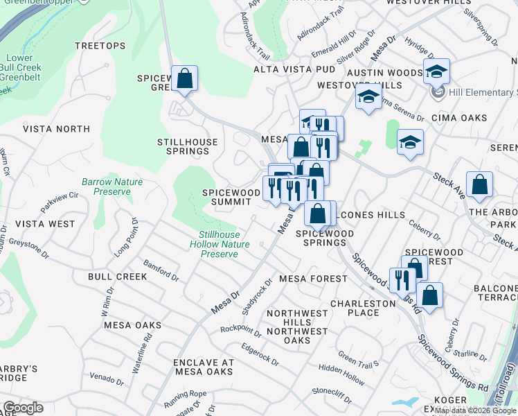 map of restaurants, bars, coffee shops, grocery stores, and more near 7923 Ridgeline North in Austin