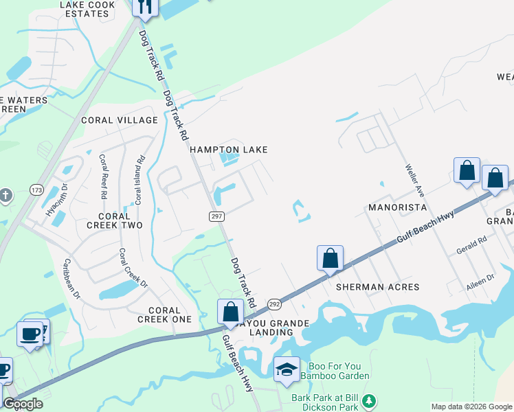 map of restaurants, bars, coffee shops, grocery stores, and more near 9615 Laramie Drive in Pensacola