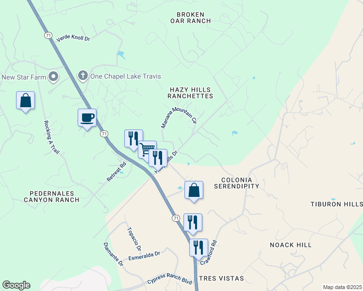 map of restaurants, bars, coffee shops, grocery stores, and more near 4098 Hazy Hills Drive in Spicewood