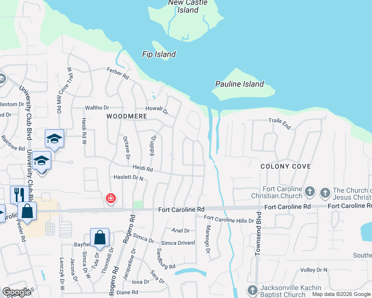 map of restaurants, bars, coffee shops, grocery stores, and more near 3837 Tara Hall Drive in Jacksonville