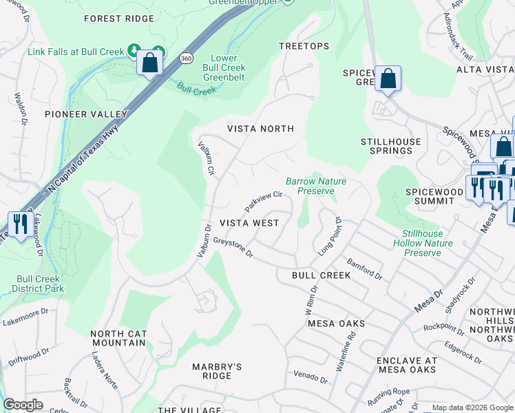 map of restaurants, bars, coffee shops, grocery stores, and more near 7626 Parkview Circle in Austin