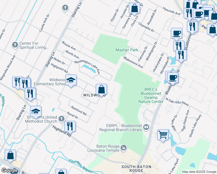 map of restaurants, bars, coffee shops, grocery stores, and more near 9551 Highpoint Road in Baton Rouge