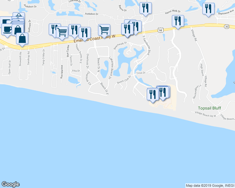 map of restaurants, bars, coffee shops, grocery stores, and more near 4745 Westwinds Drive in Destin