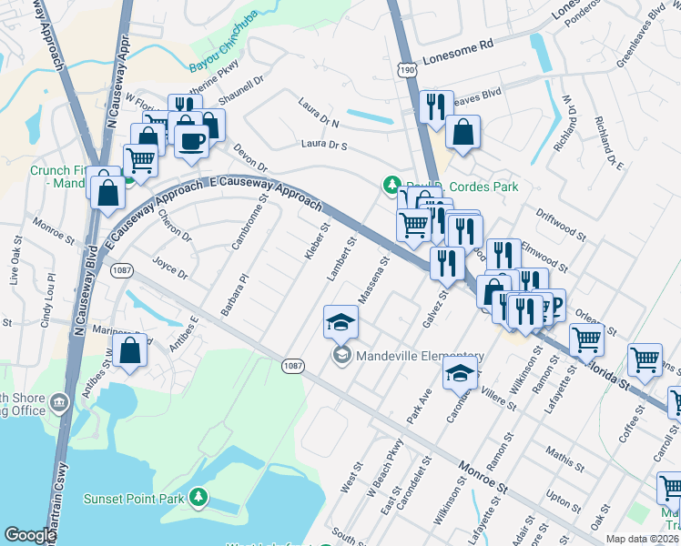 map of restaurants, bars, coffee shops, grocery stores, and more near 724 Hutchinson Street in Mandeville