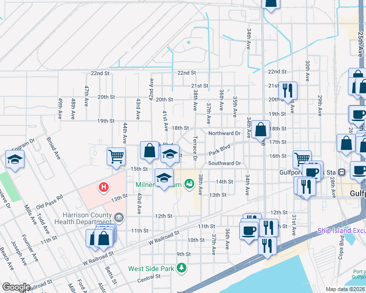 map of restaurants, bars, coffee shops, grocery stores, and more near 3900 16th Street in Gulfport