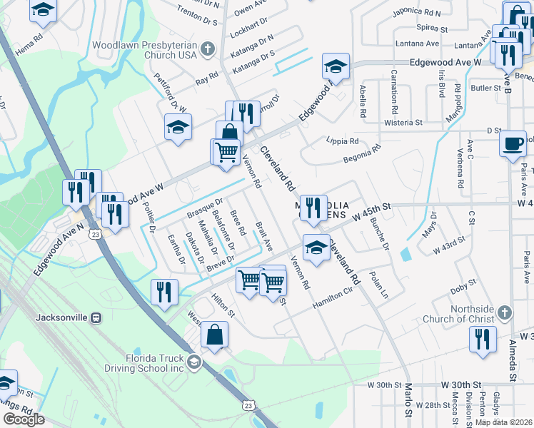 map of restaurants, bars, coffee shops, grocery stores, and more near 5631 Brait Avenue in Jacksonville