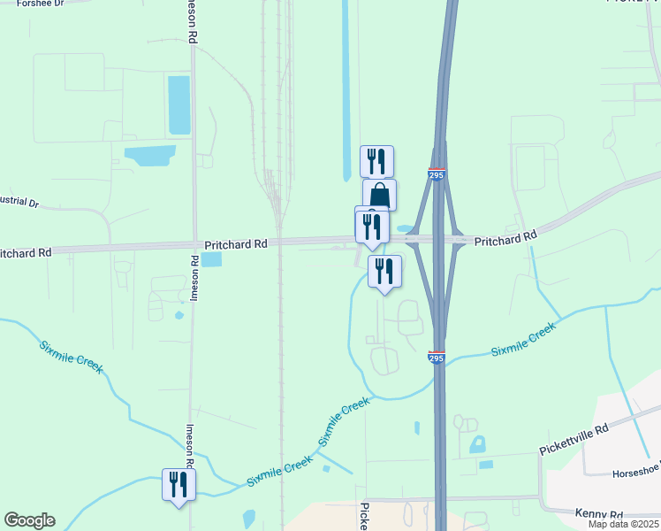 map of restaurants, bars, coffee shops, grocery stores, and more near 1 Pritchard Road in Jacksonville