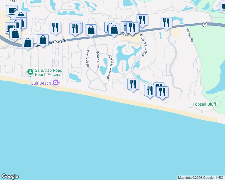 map of restaurants, bars, coffee shops, grocery stores, and more near 4745 Westwinds Drive in Destin
