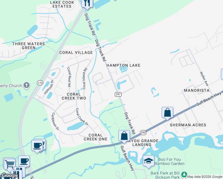 map of restaurants, bars, coffee shops, grocery stores, and more near 2200 Dog Track Road in Pensacola