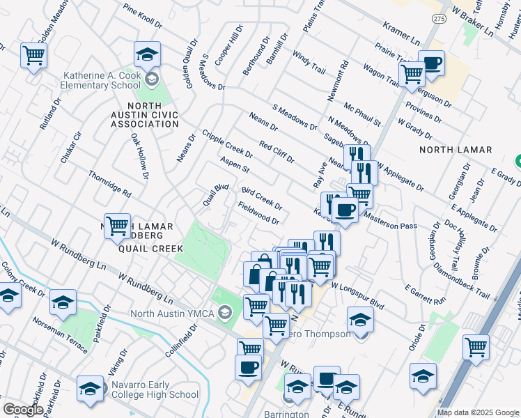 map of restaurants, bars, coffee shops, grocery stores, and more near 1001A Fieldwood Drive in Austin
