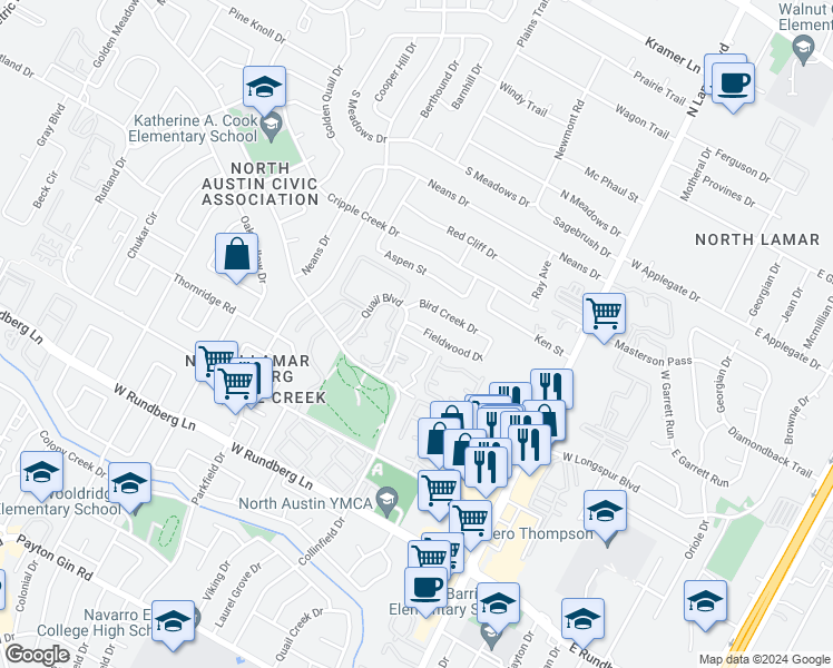 map of restaurants, bars, coffee shops, grocery stores, and more near 1070 Mearns Meadow Boulevard in Austin