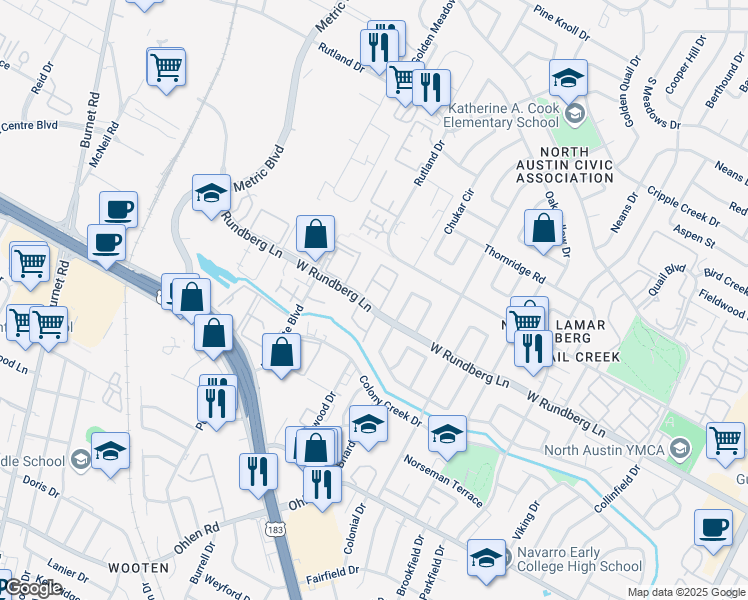 map of restaurants, bars, coffee shops, grocery stores, and more near 9304-9300 Singing Quail Drive in Austin