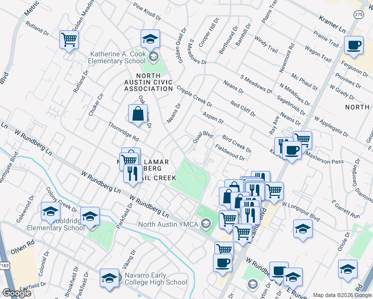 map of restaurants, bars, coffee shops, grocery stores, and more near 1200 Mearns Meadow Boulevard in Austin