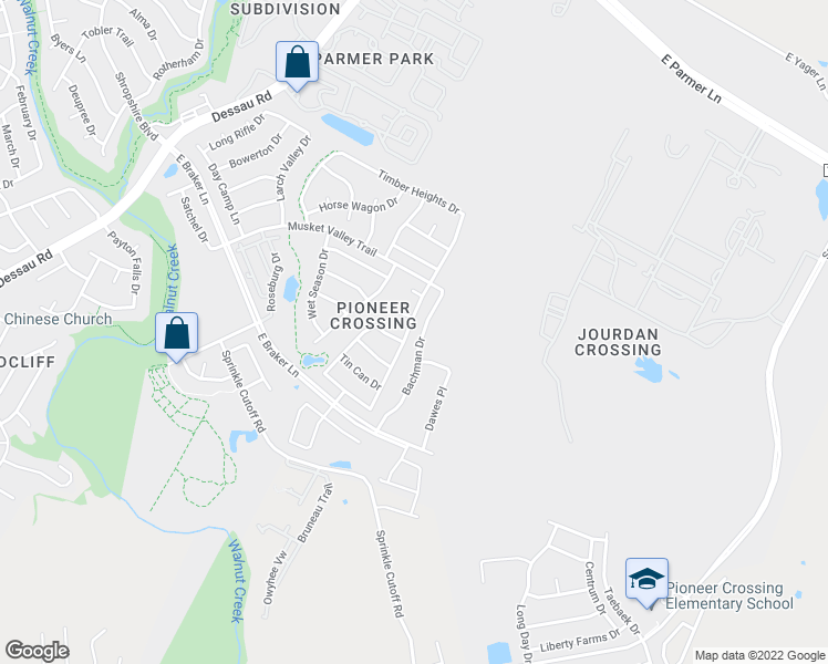 map of restaurants, bars, coffee shops, grocery stores, and more near 12308 Timber Heights Drive in Austin