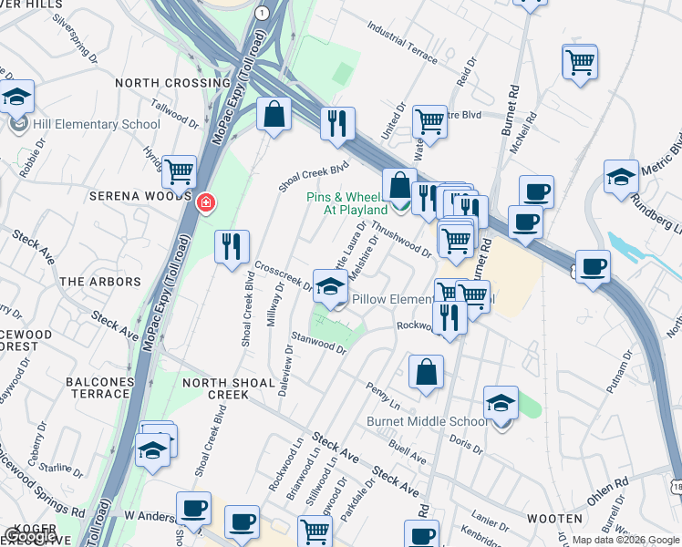 map of restaurants, bars, coffee shops, grocery stores, and more near 8600 Little Laura Drive in Austin