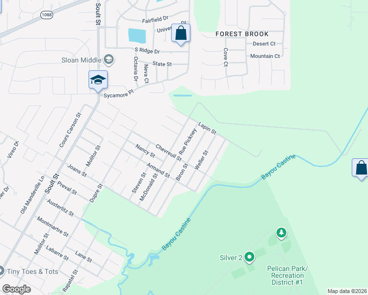 map of restaurants, bars, coffee shops, grocery stores, and more near 525 Chevreuil Street in Mandeville