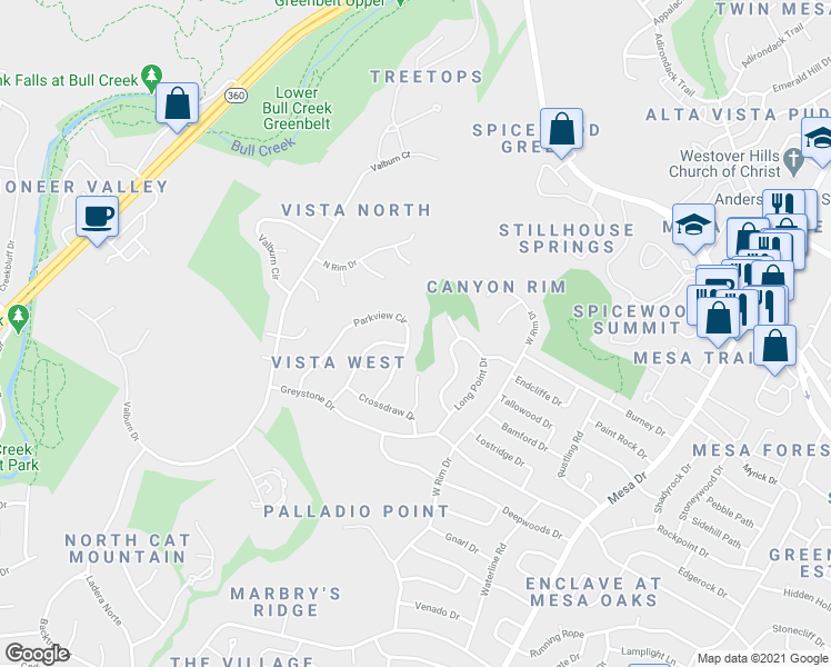 map of restaurants, bars, coffee shops, grocery stores, and more near 7609 Parkview Circle in Austin