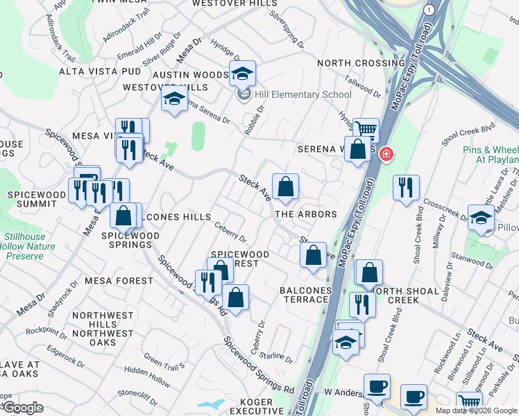 map of restaurants, bars, coffee shops, grocery stores, and more near 8104 Club Court in Austin