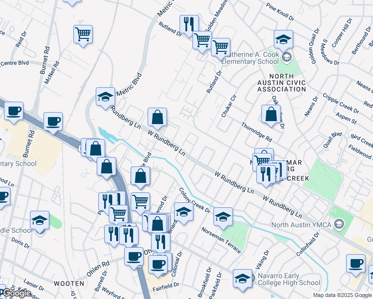 map of restaurants, bars, coffee shops, grocery stores, and more near 9304-9300 Singing Quail Drive in Austin