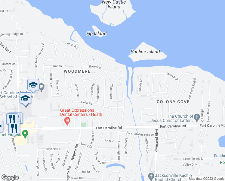 map of restaurants, bars, coffee shops, grocery stores, and more near 3917 Tara Hall Drive in Jacksonville