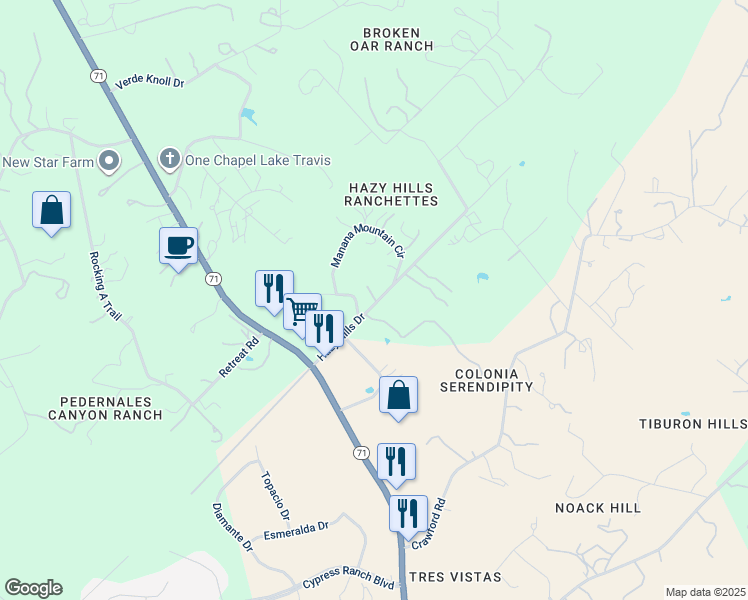 map of restaurants, bars, coffee shops, grocery stores, and more near 4098 Hazy Hills Drive in Spicewood