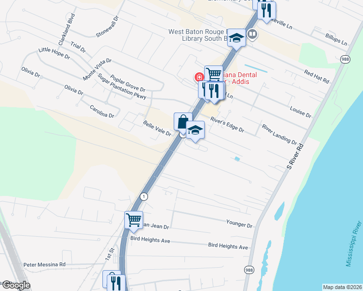 map of restaurants, bars, coffee shops, grocery stores, and more near 6865 Louisiana 1 in Brusly