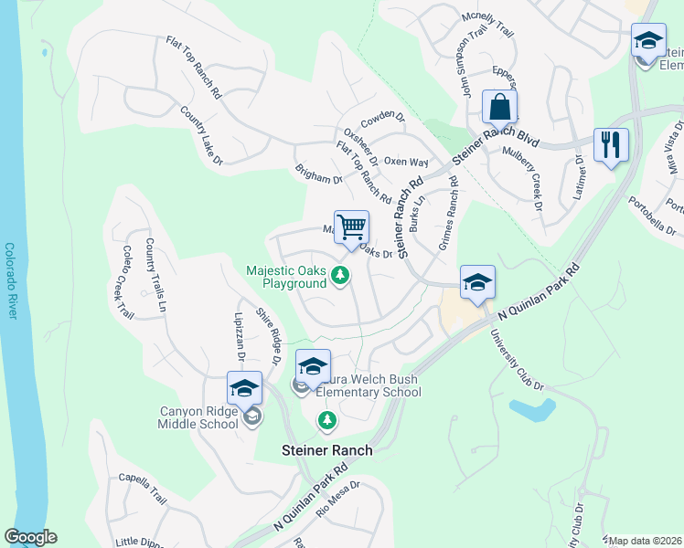 map of restaurants, bars, coffee shops, grocery stores, and more near 2848 Lantana Ridge Drive in Austin