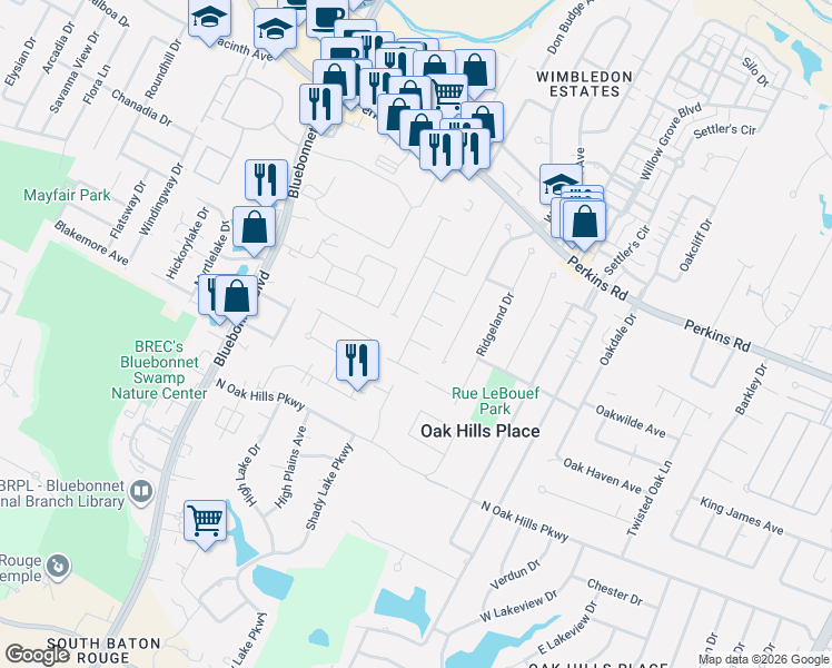map of restaurants, bars, coffee shops, grocery stores, and more near 10712 Mcshay Avenue in Baton Rouge