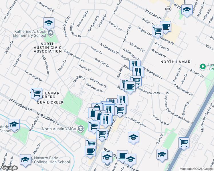 map of restaurants, bars, coffee shops, grocery stores, and more near 902 Fieldwood Drive in Austin