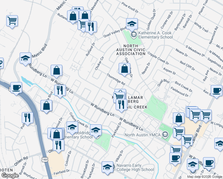 map of restaurants, bars, coffee shops, grocery stores, and more near 1501 Rutland Drive in Austin