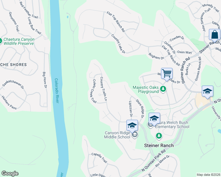 map of restaurants, bars, coffee shops, grocery stores, and more near 13116 Country Trails Lane in Austin
