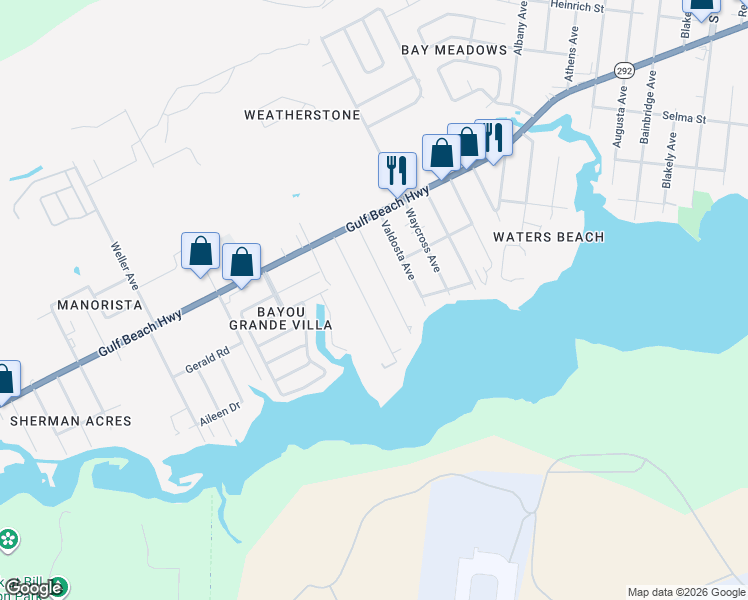 map of restaurants, bars, coffee shops, grocery stores, and more near 2512 Gulf Breeze Avenue in Pensacola