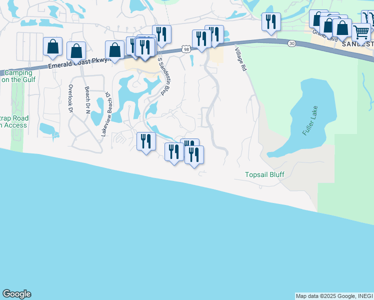 map of restaurants, bars, coffee shops, grocery stores, and more near 9300 South Sandestin Boulevard in Miramar Beach