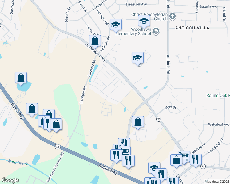 map of restaurants, bars, coffee shops, grocery stores, and more near 15735 Long Farm Road in Baton Rouge