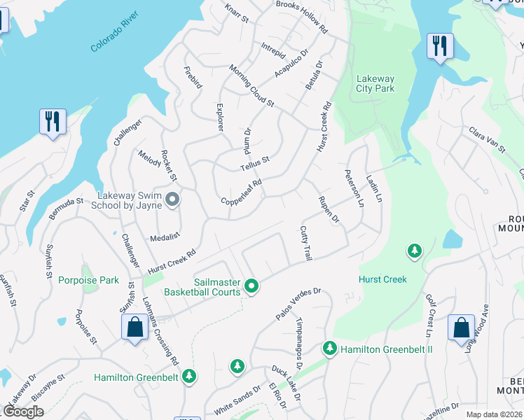 map of restaurants, bars, coffee shops, grocery stores, and more near 222 Hurst Creek Road in Lakeway