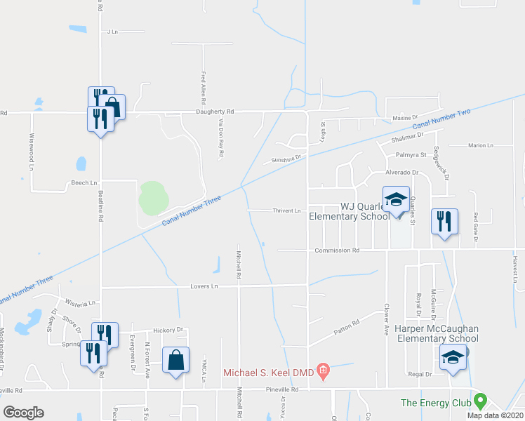 map of restaurants, bars, coffee shops, grocery stores, and more near 18 Thrivent Lane in Long Beach