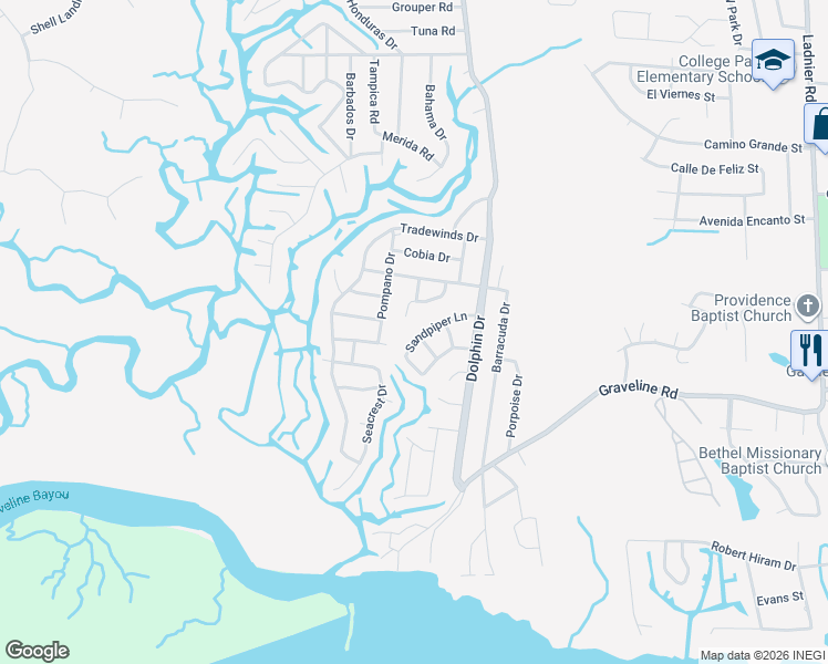 map of restaurants, bars, coffee shops, grocery stores, and more near 2004 Sandpiper Ln in Gautier
