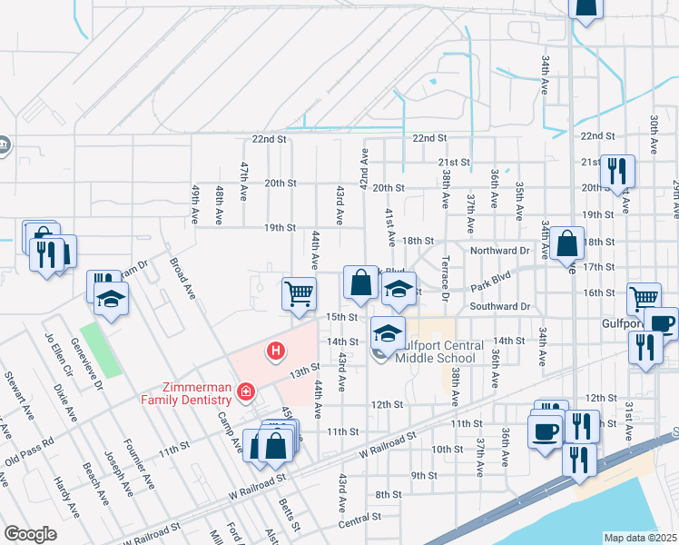 map of restaurants, bars, coffee shops, grocery stores, and more near 17th Street in Gulfport