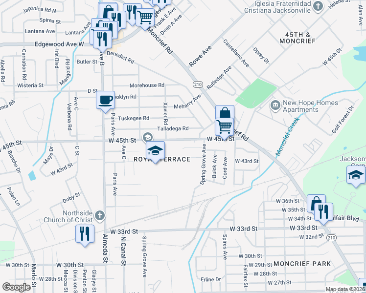 map of restaurants, bars, coffee shops, grocery stores, and more near 1959 Spring Drive Road in Jacksonville