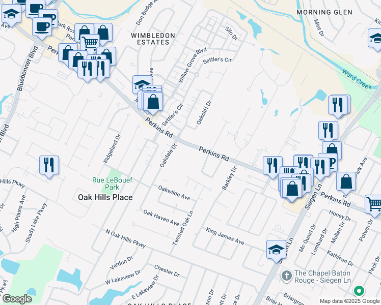 map of restaurants, bars, coffee shops, grocery stores, and more near 1016 West Tom Stokes Court in Baton Rouge