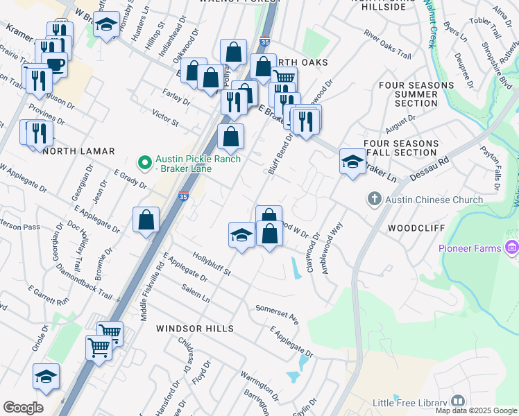 map of restaurants, bars, coffee shops, grocery stores, and more near 5 Collinwood West Drive in Austin