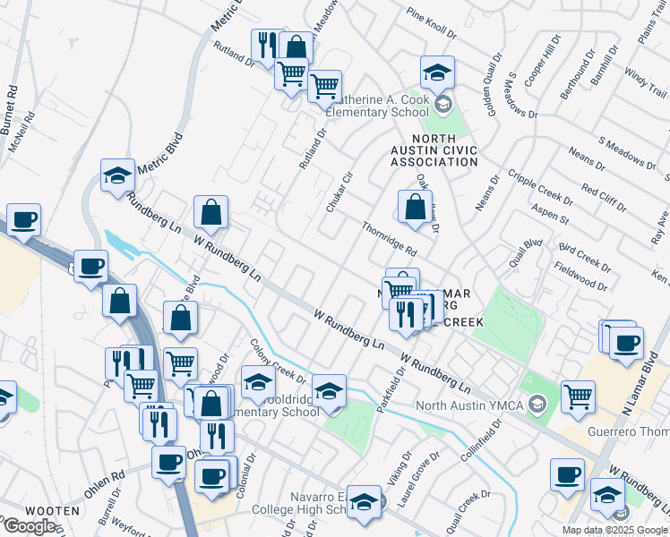 map of restaurants, bars, coffee shops, grocery stores, and more near 9412 Mountain Quail Road in Austin