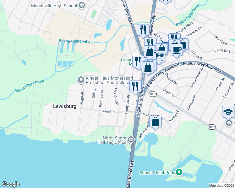 map of restaurants, bars, coffee shops, grocery stores, and more near 211 Live Oak Street in Mandeville