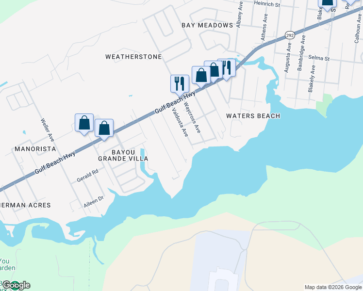 map of restaurants, bars, coffee shops, grocery stores, and more near 2512 Gulf Breeze Avenue in Pensacola