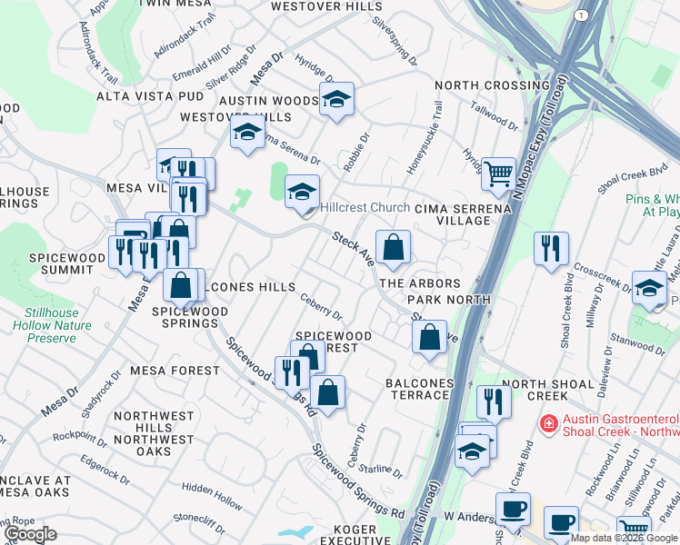 map of restaurants, bars, coffee shops, grocery stores, and more near 3507 Crowncrest Drive in Austin