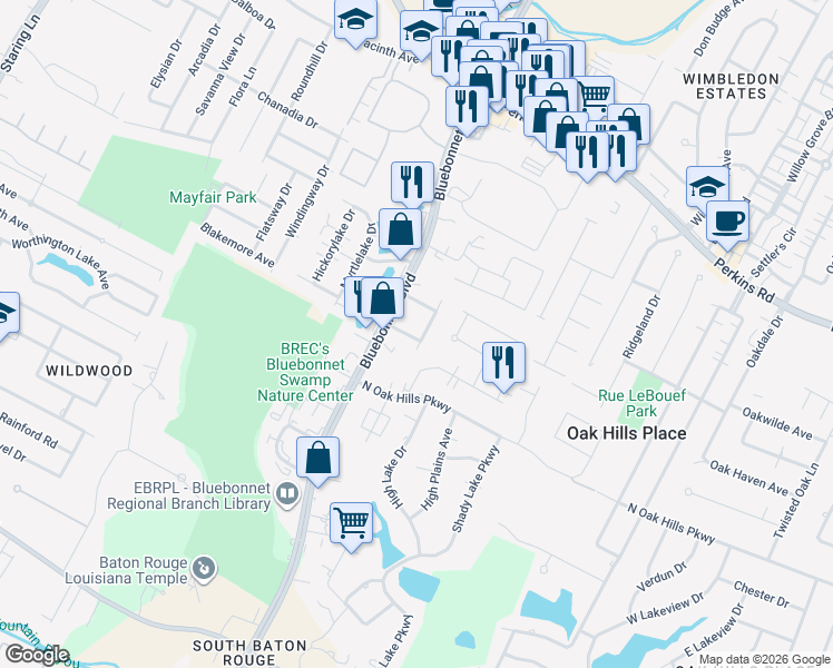 map of restaurants, bars, coffee shops, grocery stores, and more near 10733 Gatewood Drive in Baton Rouge