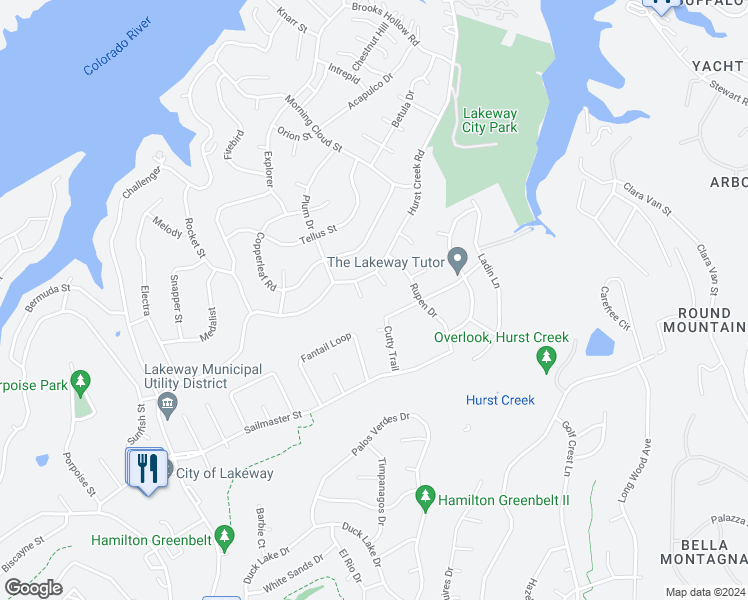 map of restaurants, bars, coffee shops, grocery stores, and more near 105 Mango Court in Lakeway