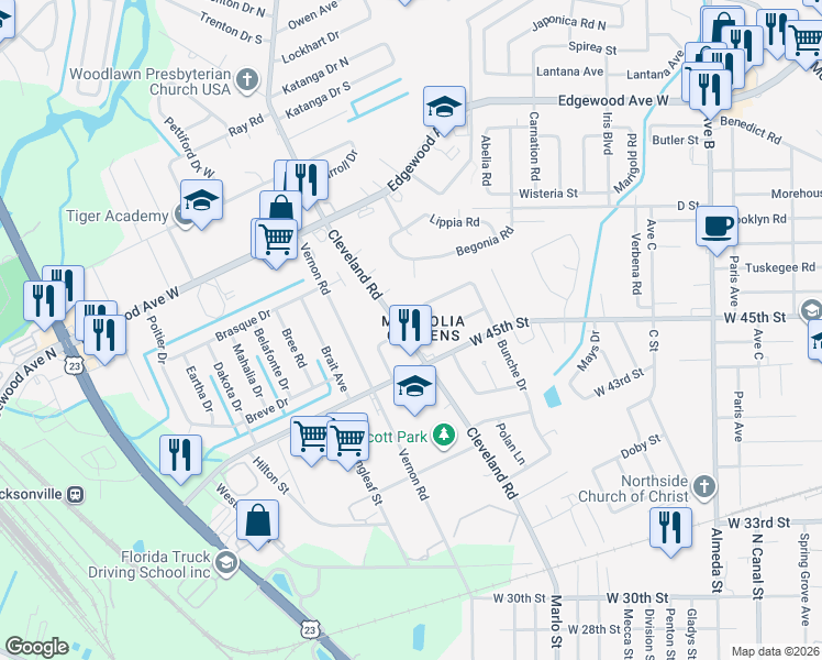 map of restaurants, bars, coffee shops, grocery stores, and more near 5534 Cleveland Road in Jacksonville