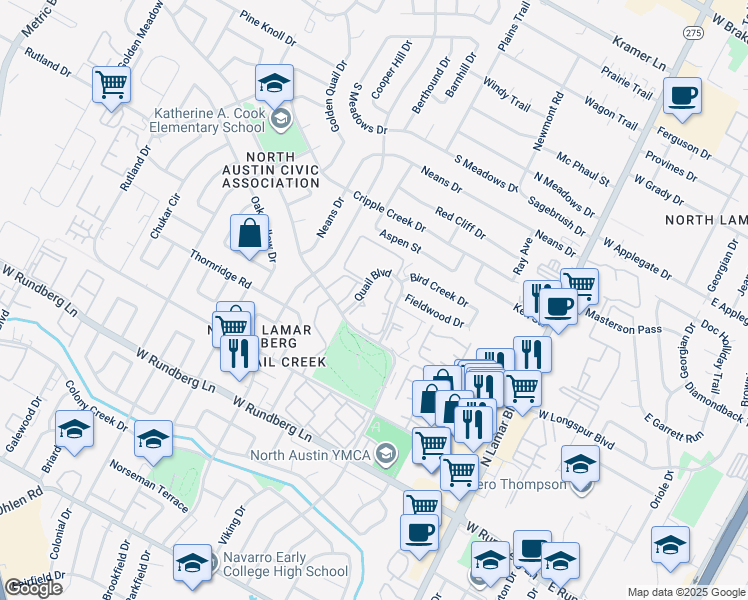 map of restaurants, bars, coffee shops, grocery stores, and more near 9971 Quail Boulevard in Austin